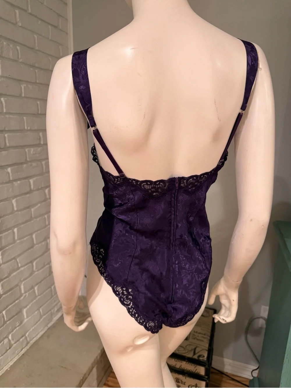 Vintage Victoria’s Secret Gold Label Purple Satin Jacquard Lace Teddy Bodysuit